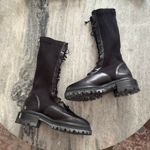 Porte & Paire Black Leather & Knit Moto Combat Lace-Up Boots EU 37 / US 6.5 NWOB - Picture 1 of 7